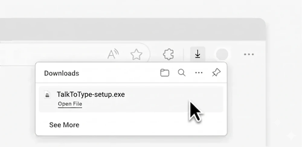 Browser Downloads panel showing TalkToType-setup.exe